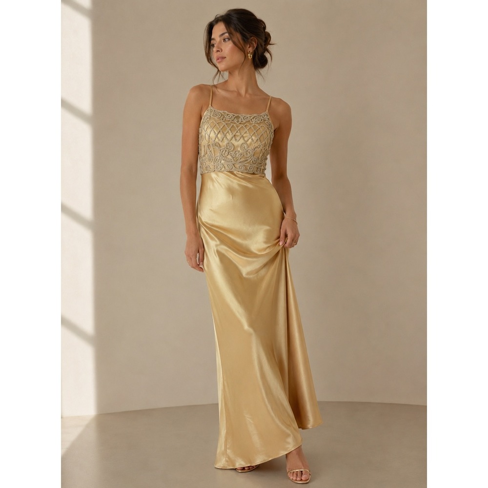 Vintage 90s Kiki Gown Women M Gold Satin Beaded Formal Slip Dress Hollywood Glam